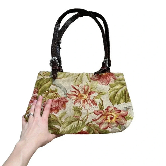 Brighton Green Floral Spring Canvas Leather Vintage Handbag - Picture 2 of 6